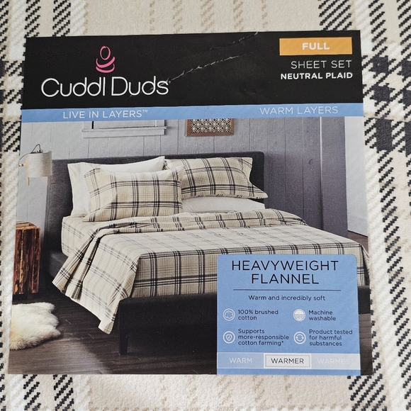 🛏️ Cuddl Duds Heavyweight Flannel 100% Cotton Sheet Set Full Size Neutral Plaid - Picture 5 of 8